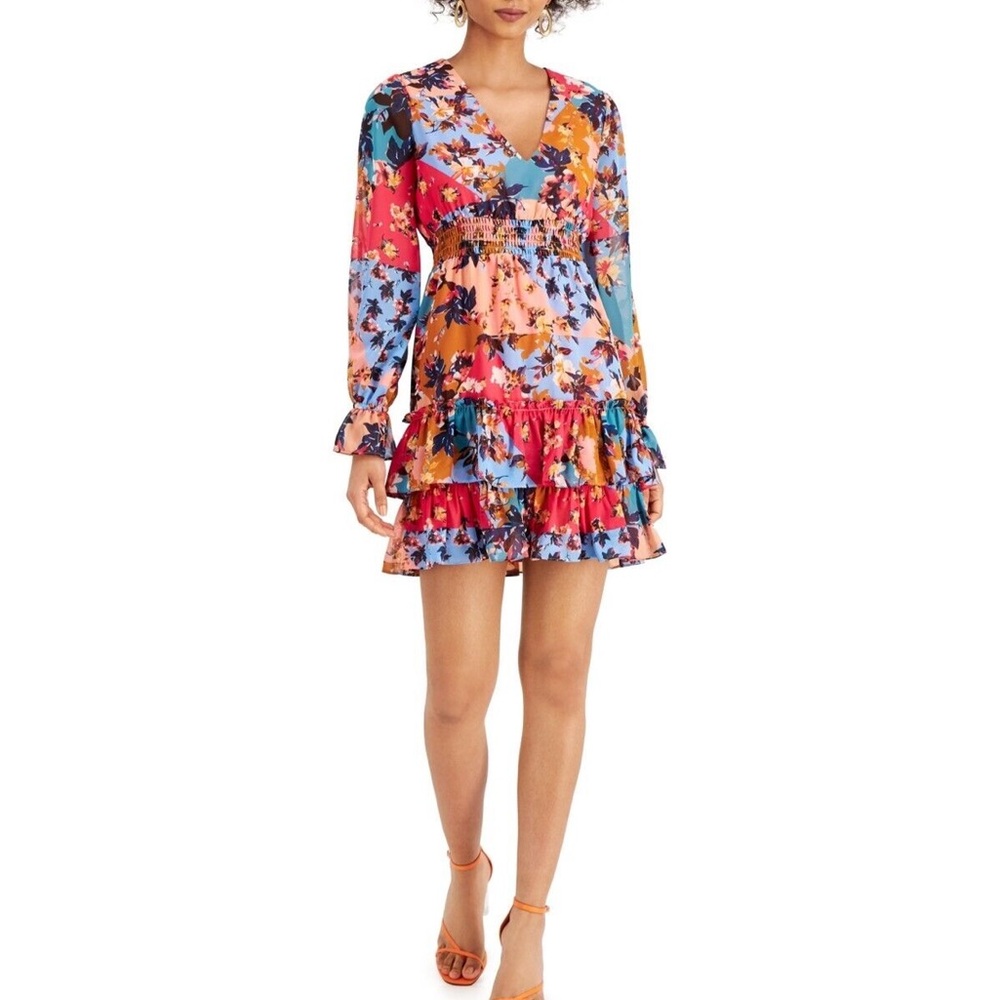 Bar III Womens Floral Mini Ruffled Fit & Flare Dress Size XS
